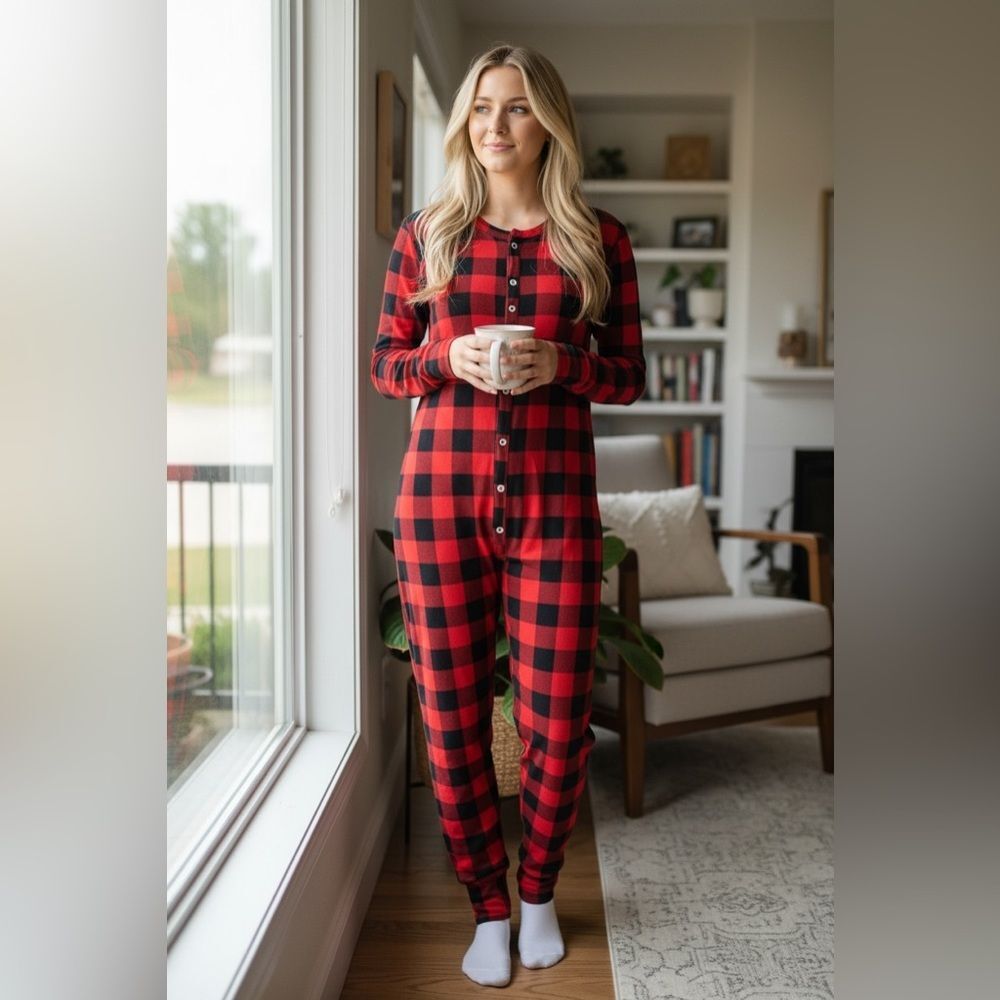 EUC Women’s Red Black Plaid Long Sleeve Button Up One Piece Pajamas - Size M